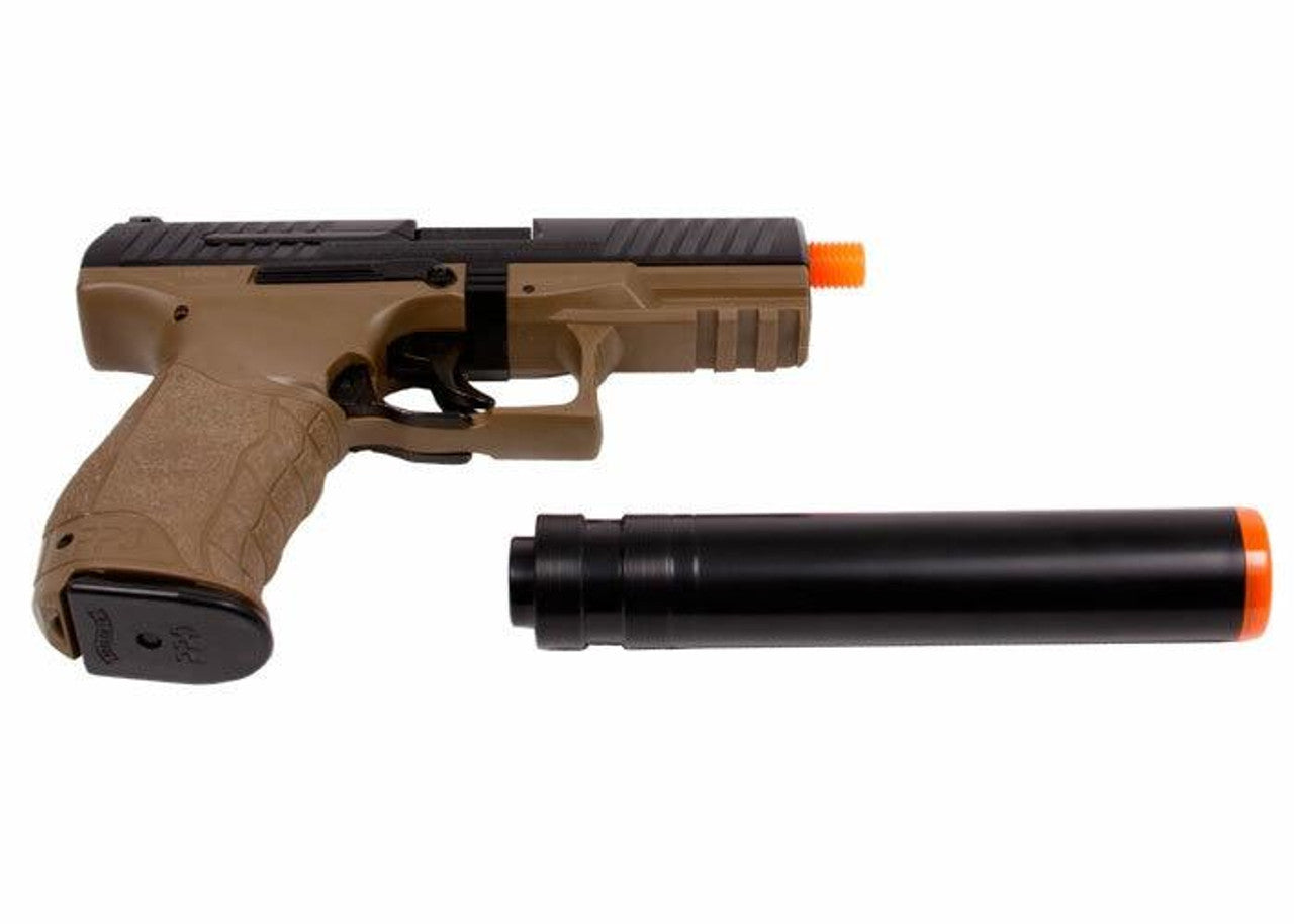 Walther PPQ Combat Airsoft Spring Pistol Kit with Fake Silencer and Extra Magazines and BBs Dark Earth