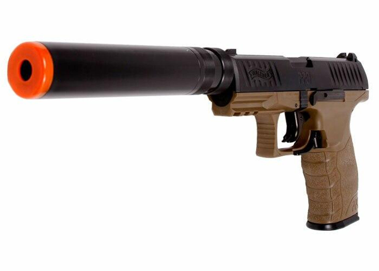 Walther PPQ Combat Airsoft Spring Pistol Kit with Fake Silencer and Extra Magazines and BBs Dark Earth