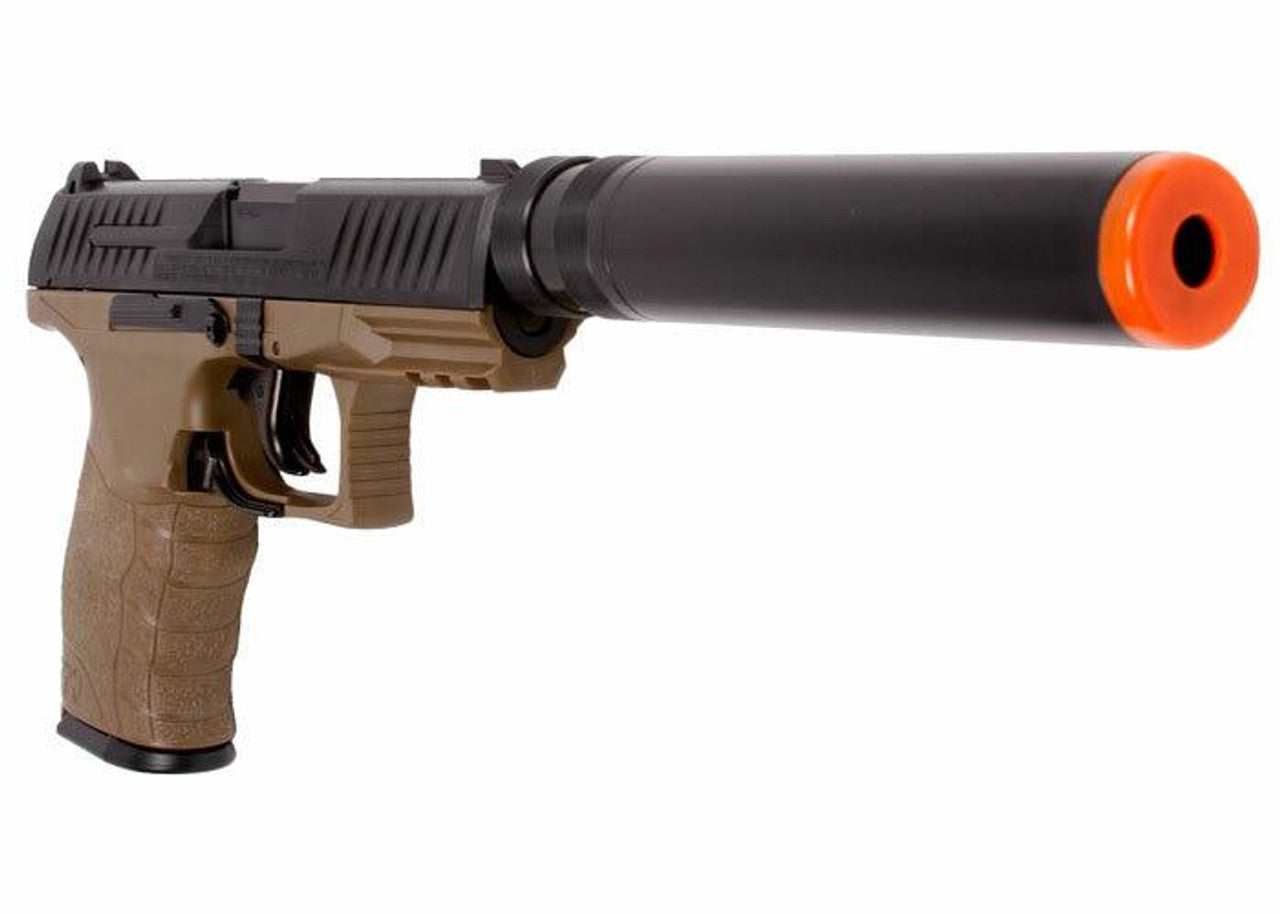 Walther PPQ Combat Airsoft Spring Pistol Kit with Fake Silencer and Extra Magazines and BBs Dark Earth